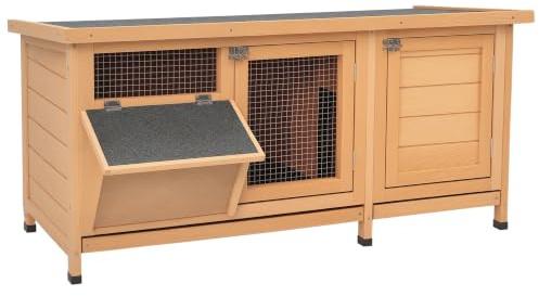 PawHut Clapier sur Pied Cage à Lapin 112L x 50l x 54H cm Naturel et Noir | Toit Bitumé Ouvrant, 2 Portes Verrouillables, 2 Tiroirs À Déjection Coulissants, Mangeoire, Bois De Sapin Traité