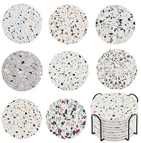 Set mit 8 Untersetzern mit Halter, schöne saugfähige runde Keramik-Untersetzer mit Korkboden für Couchtisch, Tasse, Bier, Weinglasflasche, Zuhause und Bar (Marmor-Stil)