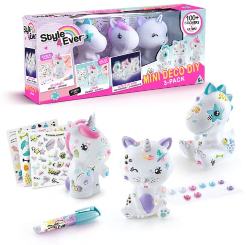 Canal Toys - Style 4Ever - 3 Figuritas Fosforescentes para Decorar DIY - Mini Deco DIY 3 Pack - Kit con Unicornio, Dinosaurio y Gatito que Brillan en la Oscuridad, Gemas, Pegatinas, Rotulador - OFG245