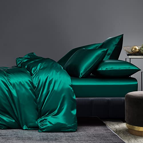 Gezu Housse de Couette 220x240cm Satin Vert Foncé Unie Parure de Lit Soie Lisse Soyeux Brillant Doux Sets de Housse de Couette 2 Personnes avec 2 Taies d'oreiller 65x65cm avec Fermeture Éclair
