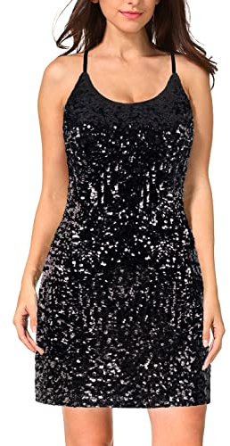 Maner Abito da Donna con Paillettes Glitterate Regolabile con Cinturino Spaghetti Sparkle Abiti da Festa, Nero, XS