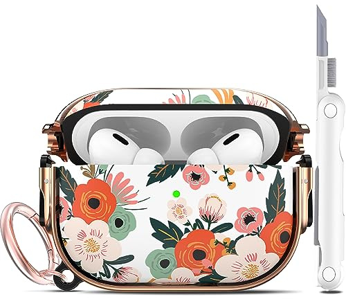 R-fun Schutzhülle kompatibel mit Airpods Pro (2023/2022/2019, 2./1. Gen), (USB-C/Lightning-Kabel), mit Reinigungsset, Blumendruck und Hartschale Ganzkörperschutz mit Schlüsselanhänger,Rote Blumen