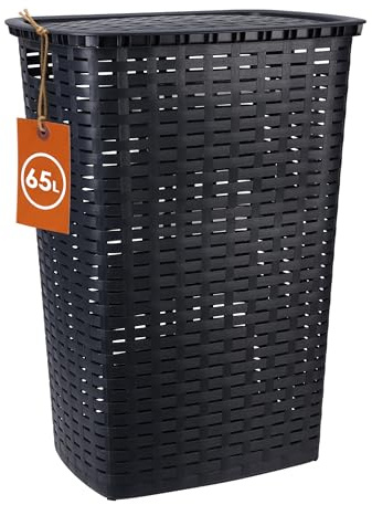 Kunststoff Wäschekorb in Rattan Optik 65 Liter - anthrazit - Wäschebox mit Deckel und Tragegriffen - Wäschetruhe Wäschesammler Wäschetonne mit Griff feuchtraumbeständig