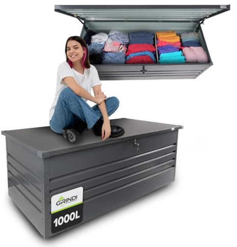 Grindi - Gartenbox Metall - Kissenbox - Auflagenbox - 1000l - 185x82x75 - Orto III - Aufbewahrungsbox mit Deckel - Outdoor - Sitzbank mit Stauraum - Gartenhaus - Geräteschuppen - Truhe mit Deckel