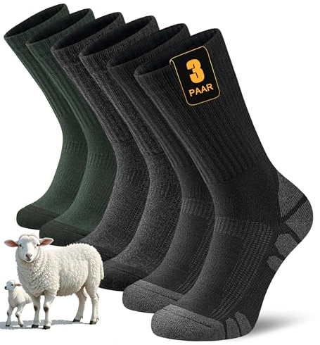 FORVEVO 60 % merino vandringsstrumpor herr dam 3 par, ullstrumpor herr vadderade, termiska vinterstrumpor, sportstrumpor för vandring utomhus, Svart/mörkgrå/lila, 43-46 EU
