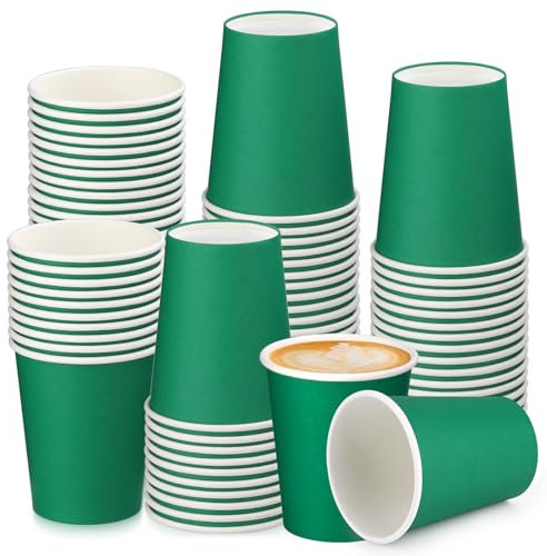 BUOKKON Paquete de 100 vasos de papel verde de 8 onzas para bebidas calientes y frías, compostables, desechables, tazas de café/té para fiestas, bricolaje, vacaciones, bodas, actividades de cumpleaños