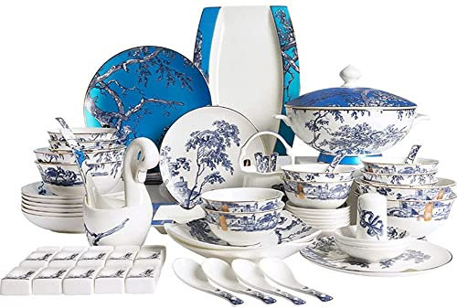 HONGZOO Juego de vajilla y Plato de Porcelana de Hueso, 62 Piezas, Cuencos de cerámica para el hogar, Platos y Palillos, Servicio Combinado para 6-8 para Regalo, Amigos y Familiares