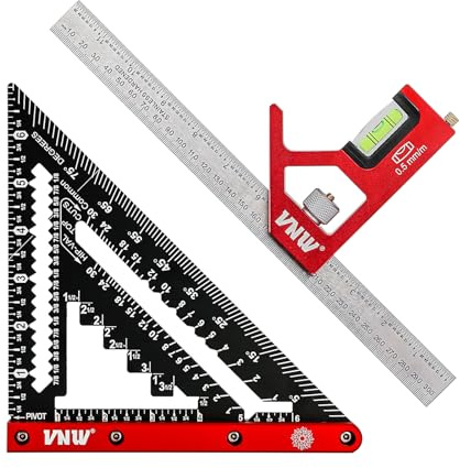 VNW 7inch Rafter Square and 12inch Combination Square Set -CNC-Machined Aluminum Alloy,Heavy Duty Carpenter Square for Woodworking and Home DIY