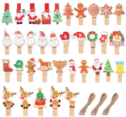 HGRGHH Lot de 80 Pince à Linge de Noël, Mini Pinces Bois Déco pour Murs Photo, Cartes Postales, Sacs en Papier, Fête