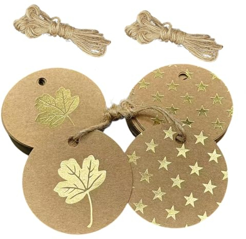 72PCS Gold Foil Star & Leaf Gift Tags Set | Premium Kraft Paper Round Labels with Natural Jute Twine | Christmas, Wedding, Birthday Eco-Friendly Gift Wrapping Accessories (6cm Diameter)