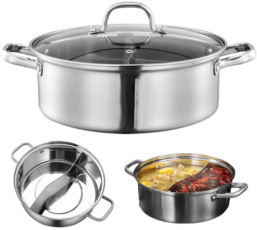 Hot Pot with Divider 10x4 Inch Stainless Steel Shabu Shabu Pot with Toughened Glass Lid & Anti-Scald Handle Double Boiler for Induction Cooktop, Gas Stove, Hot Pot with Divider