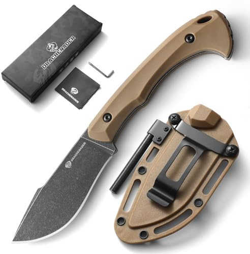 DRACHENADER Survival Knife with Fire Starter L-Y, 7.68 Full Tang Small Fixed Blade Knife with Belt Clip, Khaki + Stonewashed Black