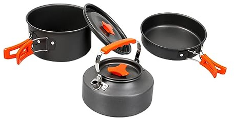 Campingkochgeschirr Satz Hk310 für 2-3 Personen, Aluminiumlegierung | Schwarz, Tragbares Kochgeschirr für Outdoor Aktivitäten und Klettern, Leicht zu Reinigen
