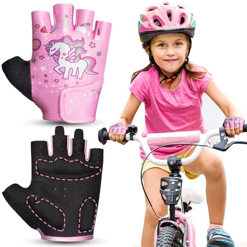 RIGWARL Kids Bike Gloves for Age 2-9, Fingerless Gloves Kids with Protective Cushion, Adjustable Workout Glove for Cycling Fishing Scooter