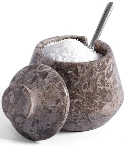 EARTHEN CRAFTS Marble Salt Cellar with Lid & Spoon, Oceanic, 3 Inch | Handmade marble salt box with lid and spoon, 3 oz, salt and spice holder, sugar container, worktop kitchen decor and gift