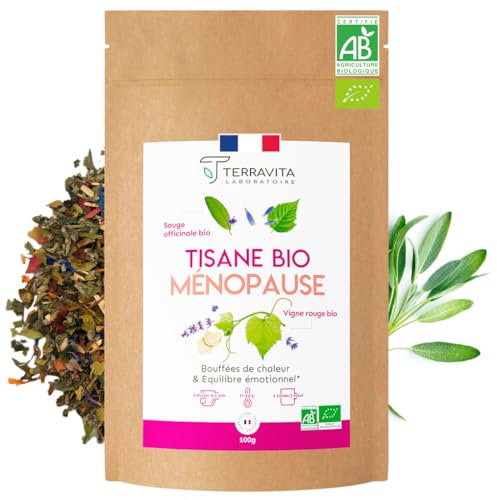 Tisane Ménopause BIO | 9 Plantes contre les Bouffées de Chaleur | Avec Feuilles de Framboisier et de Sauge | Infusion Sans Caféine ni Théine | Sans OGM ni Additifs | 100g | Made in France | Terravita
