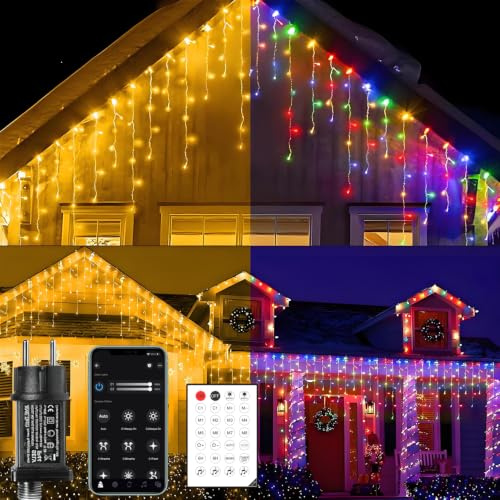Anmossi Farbwechselnde Eisregen Lichterkette Außen,20m 800 LEDs Weihnachtsbeleuchtung Außen mit Fernbedienung,APP Steuerung,Wasserdicht Lichterkette für Weihnachten,Dachtraufe,Hof,Warmweiß und Farbe