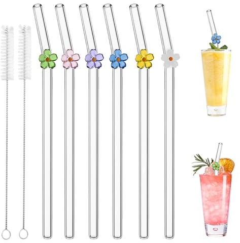 6 Stück Glasstrohhalme Glas Wiederverwendbar Trinkhalme, Trinkhalme Glas Gebogen mit Reinigungsbürsten für Säfte, Cocktails, Smoothie, Kaffee, Milch (Blume)