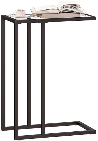 HOMCOM Tavolino a Forma di C in Vetro Temperato e Acciaio 46x25x63.5cm Nero