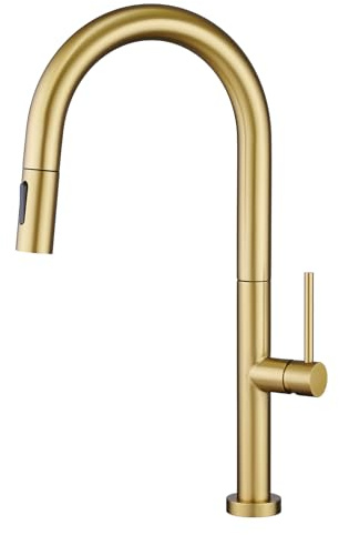 YardMonet Wasserhahn Küche Gold, Küchenarmatur mit Herausziehbarer Brause | Hochdruck Hoher Bogen Armatur, Mischbatterie Spültischarmatur Küche Wasserhahn aus Edelstahl, 360°Schwenkbar