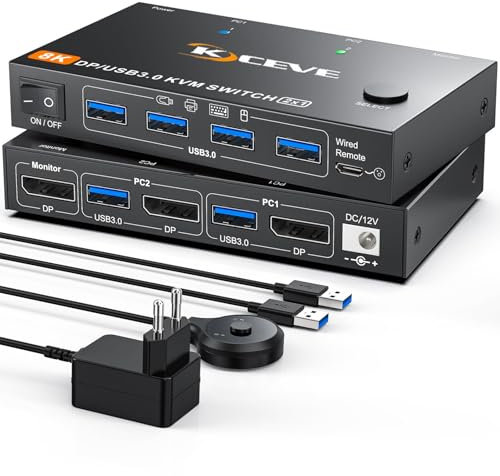 YOUTINGHDAV KVM Switch 2 PC 1 Monitor Displayport 4K@240Hz, 8K@60Hz, USB 3.0 KVM Switch Displayport 2.1 per 2 PC parti monitor tastiera mouse, con cavo remoto e adattatore di alimentazione