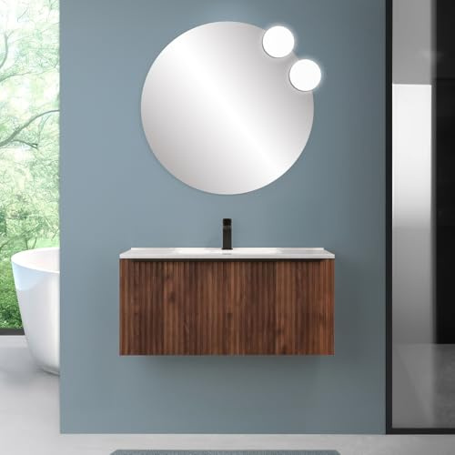 Inbagno Mobile Bagno Sospeso 90 cm Noce Maya Cannettato con Cassetto, Specchio e Lavabo Nara Integrato Design Moderno Salvaspazio