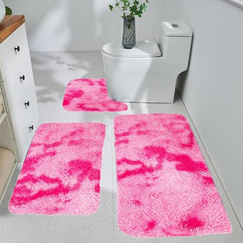 Bath Mat Set 3 Piece - Thick Bathroom Rug Soft Bath Mat For Bathroom Non Slip Machine Washable Toilet Carpet Microfiber Absorbent Bath Rug For Bath Room, Shower, Bathtub (Pink)
