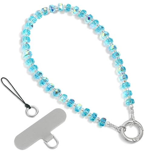 SURPHY Handyanhänger, Handykette Kristall Kurz mit Schlüsselanhänger & Patch, Handy Diebstahlschutz Handyarmband Kurze Handyband, Phone Charm Handschlaufe Handy, Durchsichtiger Blauer Kristall