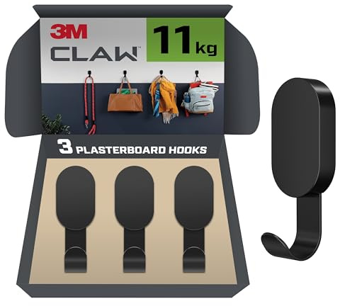 3M CLAW 3DH25BLK-EU-SIOC - Ganchos para paneles de yeso, 11 kg, color negro, paquete de 3 ganchos por paquete | No necesita herramientas, fácil de instalar y quitar, para colgar espejos pesados, fotos, mochilas y decoración del hogar