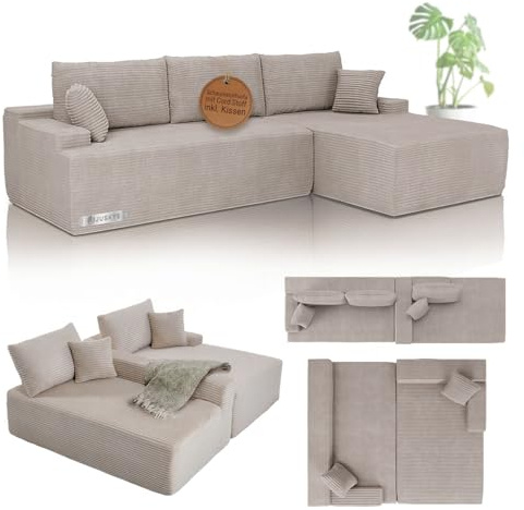 Juskys Sofa Coredo - modernes Cord Sofa mit Ottomane rechts, gemütliche Couch mit Schaumstoffpolsterung, Cordbezug & Kissen, modular - Taupe