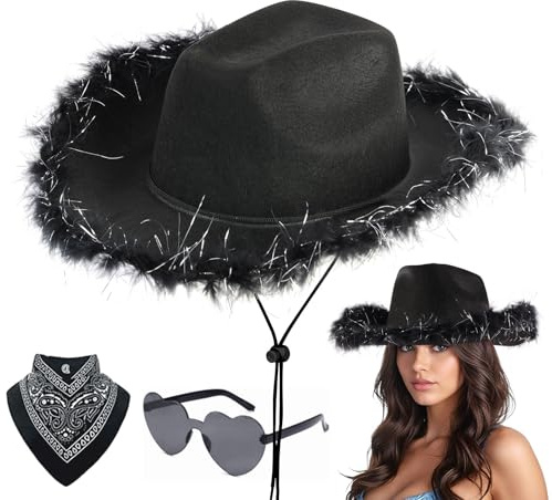 Aomig 3Pcs Cowboy Hat Fancy Dress Accessory, Cowboy Costume Set with Paisley Bandanna and Glasses, Western Cowboy Fancy Dress Costume for Birthday Halloween Bachelorette Bachelor Party Cosplay(Black)