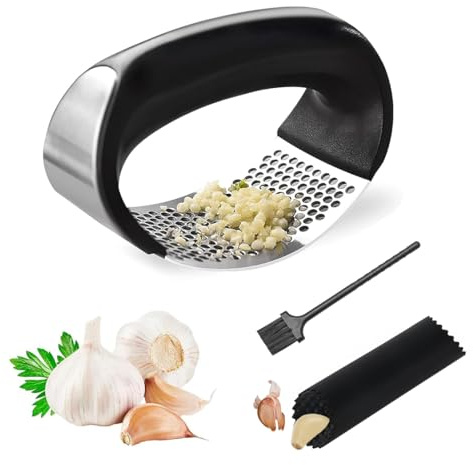Citadel Black Garlic Press Rocker, Stainless Steel Garlic Crusher, Easy-Squeeze Garlic Tool with Peeler and Cleaning Brush for Smashing Garlic