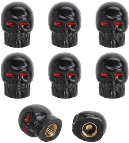 XRVRILE Bouchons Valve Tête de Mort 8 Pièces – Bouchons Valve Voiture avec Joint Étanche et Noyau en Cuivre Antirouille, Valve Schrader Universelle pour Voiture Vélo Moto Noir