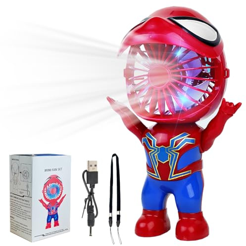 Ventilador Portatil, Mini Pequeño Ventilador de Mano USB Recargable Mano a Pilas Personajes de Dibujos Animados Rojos y Azules con Cordón para El Cuello Juguete, Escritorio Ornamento Handheld Fan