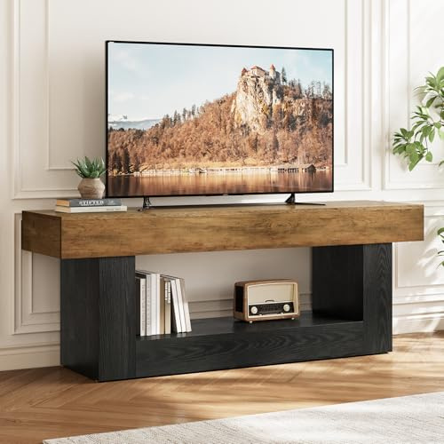 Tribesigns TV-Schrank, 160 cm TV-Regal für Fernseher bis zu 70 Zoll, Fernsehständer mit U-förmigem Sockel & offenem Ablagefach, Mediakonsole für Wohnzimmer, Esszimmer, Schlafzimmer, Braun & Schwarz