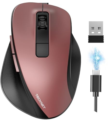 TECKNET Souris sans Fil Bluetooth, 3 Modes de Connexion (2.4G & BT5.0/3.0) | Batterie Rechargeable Intégrée de 700 mAh, Conception Ergonomique avec Repose-Pouce Élargi, 4800 DPI, Clic Silencieux, Rouge