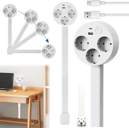 PLLYPE Steckdosenverlängerung mit ausziehbarer (45-70cm), 3-Fach Steckdose, 1 USB-A und 1 USB-C, 180°schwenkbar, Steckdosen-Verlängerung mit ausziehbarer Verlängerungsstange