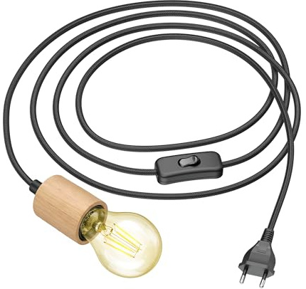 ledscom.de Textilkabel KIVO, svart, 3m, äkta trä E27-sockel, stickpropp, strömbrytare, inkl. LED-lampa, 471lm, extra varmvit