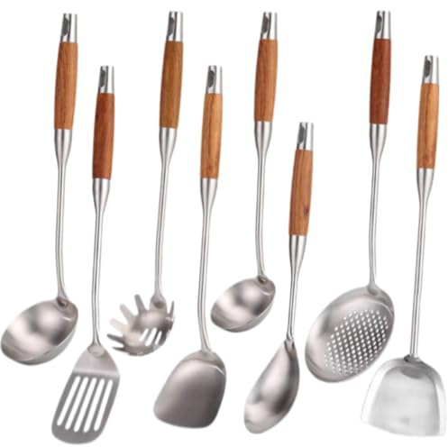 Juego de utensilios de cocina de acero inoxidable con mango de madera, 8 utensilios de metal, utensilios ergonómicos y cómodos, cuchara de sopa, juego de espumadera