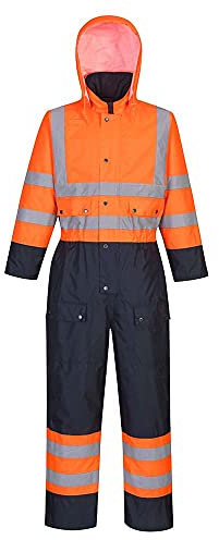 Portwest S485 Men's Hi Vis Winter Work Coveralls Waterproof 300D Polyester Protective Boiler Suit Durable Overalls Thermal Lined Workwear Rain Suit, Orange/Navy, Large