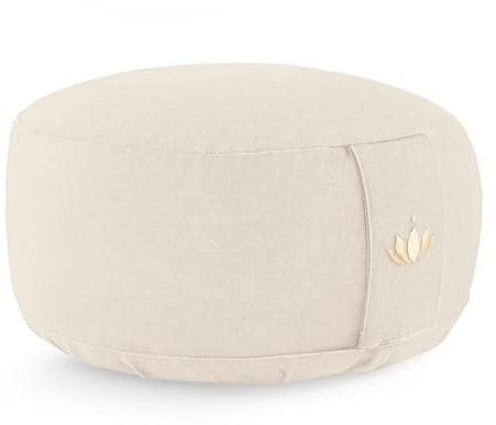 Lotuscrafts® Meditationskissen mit 15cm Sitzhöhe, bestickt, Yoga Kissen mit 100% Bio-Dinkelfüllung, Yogakissen Rund mit robustem Bezug waschbar, GOTS-Zertifiziert Bodenkissen Rund