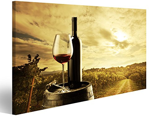 islandburner Tableau sur toile Bouteille de vin rouge et verre de vin sur le tonneau Cadre Affiche Poster Murale Tableaux