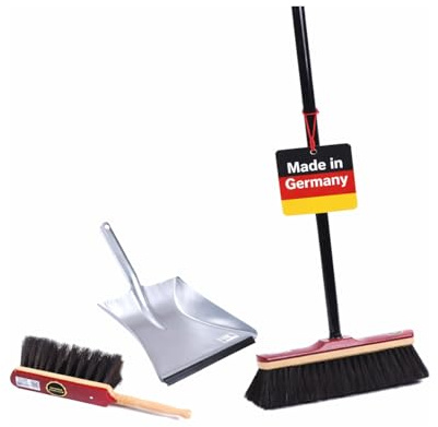 Hochwertiges Rosshaar Besen Set Handfeger Kehrschaufel Teleskopstiel Stiel | Besen 30cm, Handfeger 28cm, Holz-lackiert, Teleskopstiel verstellbar, Metall-Kehrschaufel verzinkt mit Lippe