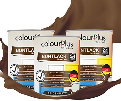 colourPlus 2in1 Buntlack Seidenmatt (2,25L Nussbraun/Braun RAL 8011) – Wetterfeste Holzfarbe Holzlack Küchenmöbellack. Getrocknet auch für Kinderspielzeug. Schnelltrocknend, Für Innen Außen