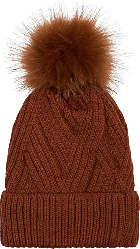 styleBREAKER Damen Strick Bommelmütze Rippenmuster | Diagonal gestrickt, isolierendes Thermo-Fleece-Futter, 10 cm Fake-Fur-Pompon, 18 cm Bund (dehnbar für 46-59 cm Kopfumfang).