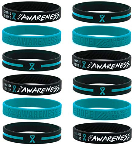 Inkstone (12-Pack Teal Awareness Ribbon Bracelets, Variety Pack - Wholesale Bulk Pack of 12 Silicone Rubber Wristbands to Symbolize Hope, Courage, Strength, and Support - Unisex for Men Women Teens