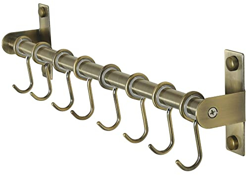Dseap Kitchen Utensil Holder Hanger, Pot and Pan Rack Wall Mount, Kitchen Rail with 8 Hooks for Hanging Cooking Utensils, Mugs, Spoons, Wall Mounted, Stainless Steel, Bronze