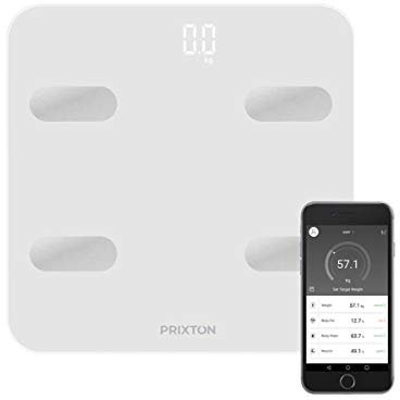 PRIXTON Báscula de peso digital BC300, Báscula de Baño Inteligente con App para móvil y Bluetooth, 4 Sensores de Alta Precisión, 13 Funciones, Medición de Grasa Corporal, Unidad de peso KG/LB