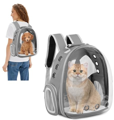 PETCUTE Kattryggsäck, bärryggsäck med kattkapsel, transparent bubbelbärare för husdjur, främre förpackning med 9 ventilationshål som andas, för katt hund utomhus vandring och resor grå