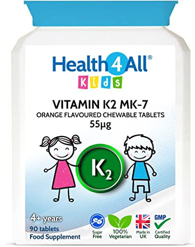 Health4All Kids Vitamin K2 MK-7 55mcg, 90 Chewable Tablets 3 Months Supply, Bone Support and Growth Supplement for Children, Natural Vegan Orange Flavour, Sugar-Free Chewable Tablets | Made in UK